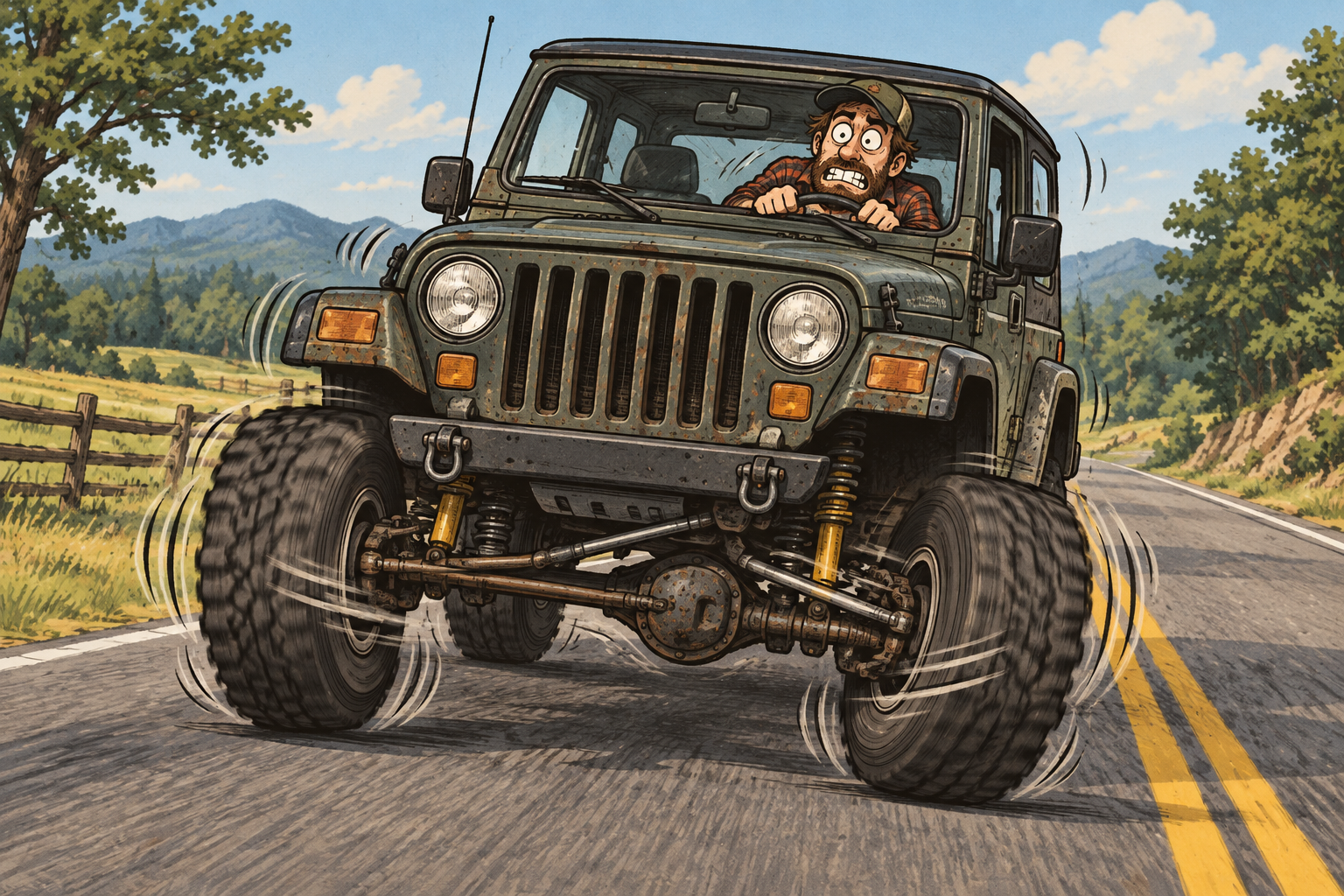 Cartoon Jeep with a distressed driver experiencing front-end death wobble